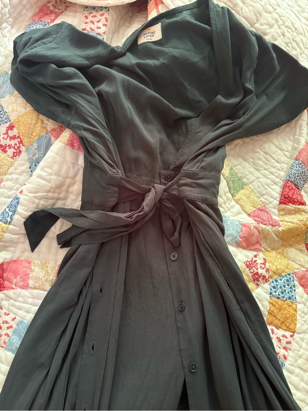 Marine Layer Button-Up Wrap Midi Dress in Deep Green